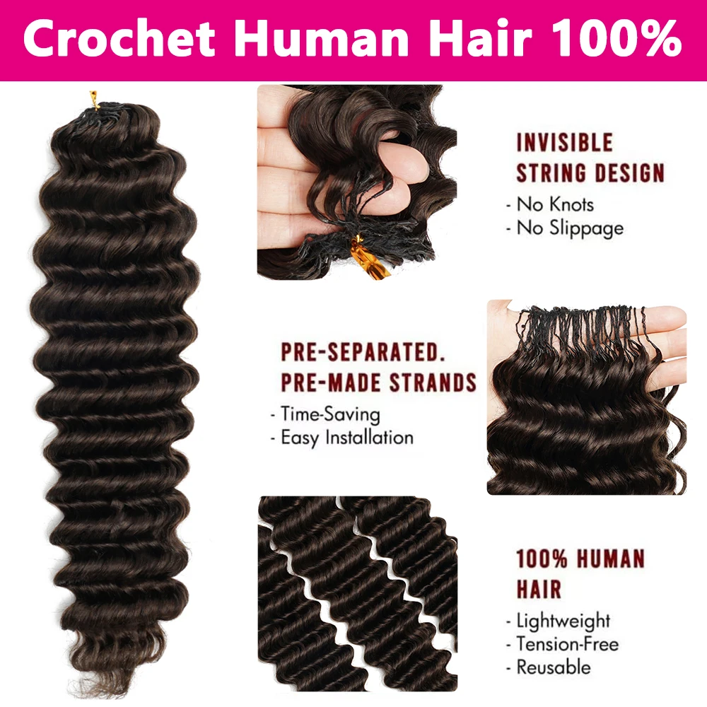 #2 Brown Deep Wave Miracle Knots Crochet Hair 18Inch #27 #30 Black Burmese Curly Feather Crochet Human Hair Boho Braids Deep Wave Human Hair For Black Woman 240g For A Head Crochet Human Hair Miracle Knots Reusable Human Hair Crochet