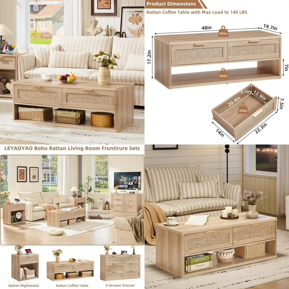 

Прямоугольный журнальный столик из ротанга в стиле бохо с двумя плетеными ящиками и скрытым хранилищем