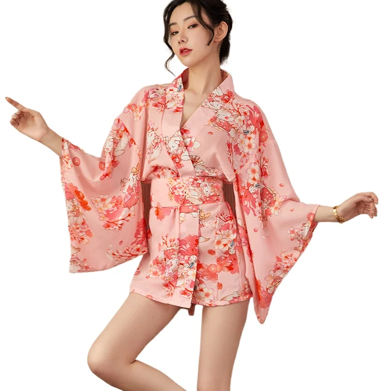 Top Fashion Sexy Hollow Out Sleeves Vintage Pink Printed Kimono Waist Cinching Uniform Home Wear Womens Nightgown Lingerie Dress