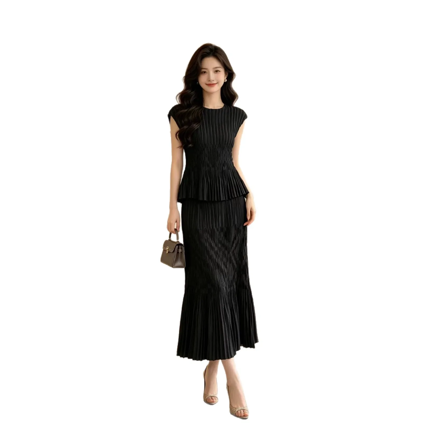 Miyake Pleated Women's Suit 2026 Japanese Design Loose Ruffled Round Neck Short-sleeved Top + Elastic Waist Skirt Two-piece Set view 5