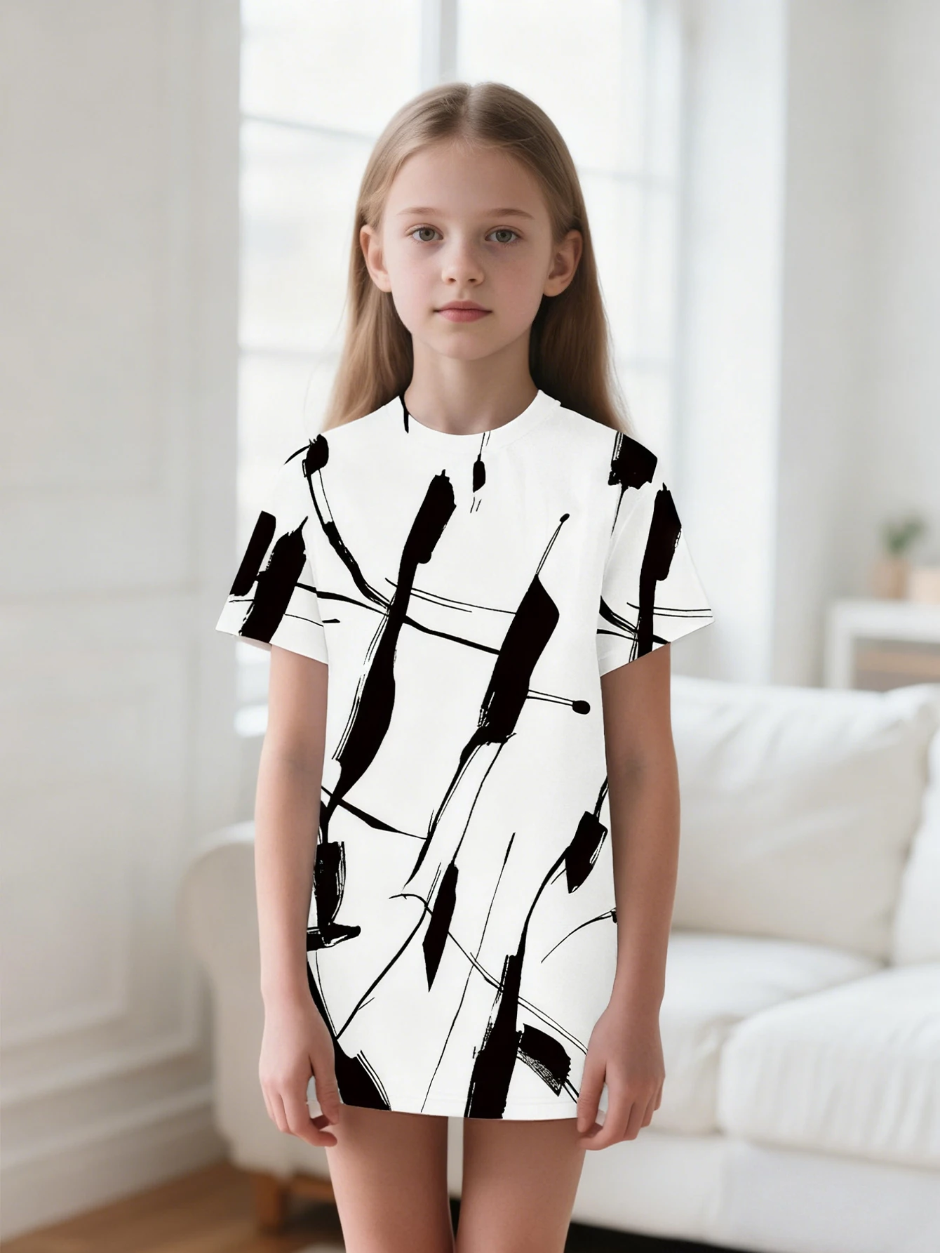 

2026 girls casual fashion black and white graffiti print short sleeve