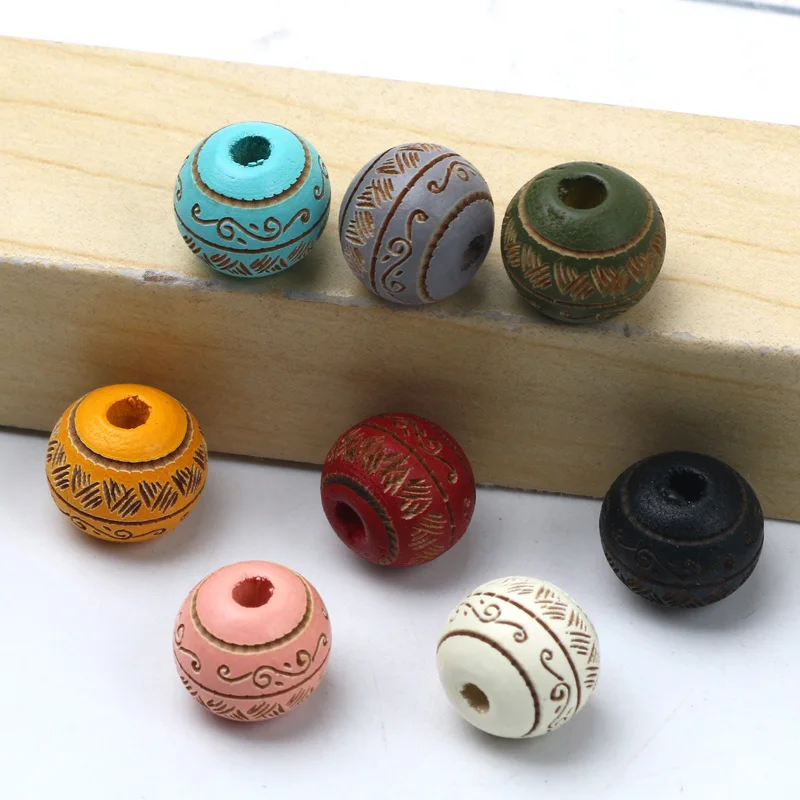 Printing Colored 10/20pcs 10mm Natural Wooden Beads For Jewelry Making Carved Decorative Pattern Beads DIY Bracelets Accessories