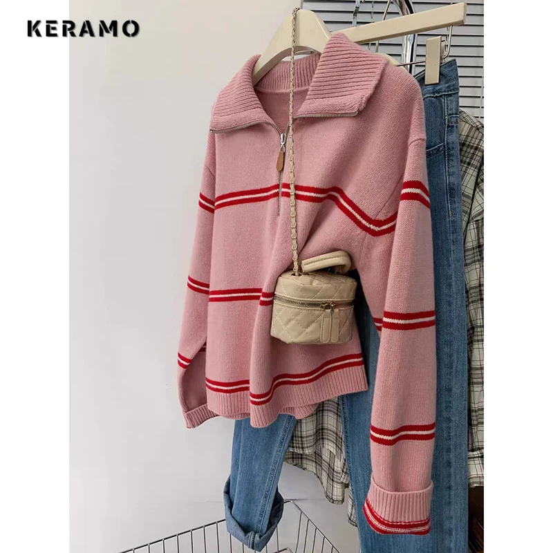 Spring Winter Women Fashion Loose Striped Knitted Gray Sweaters  Long Sleeve Retro Zip-up Pullovers Casual Pink Tops Y2k Female