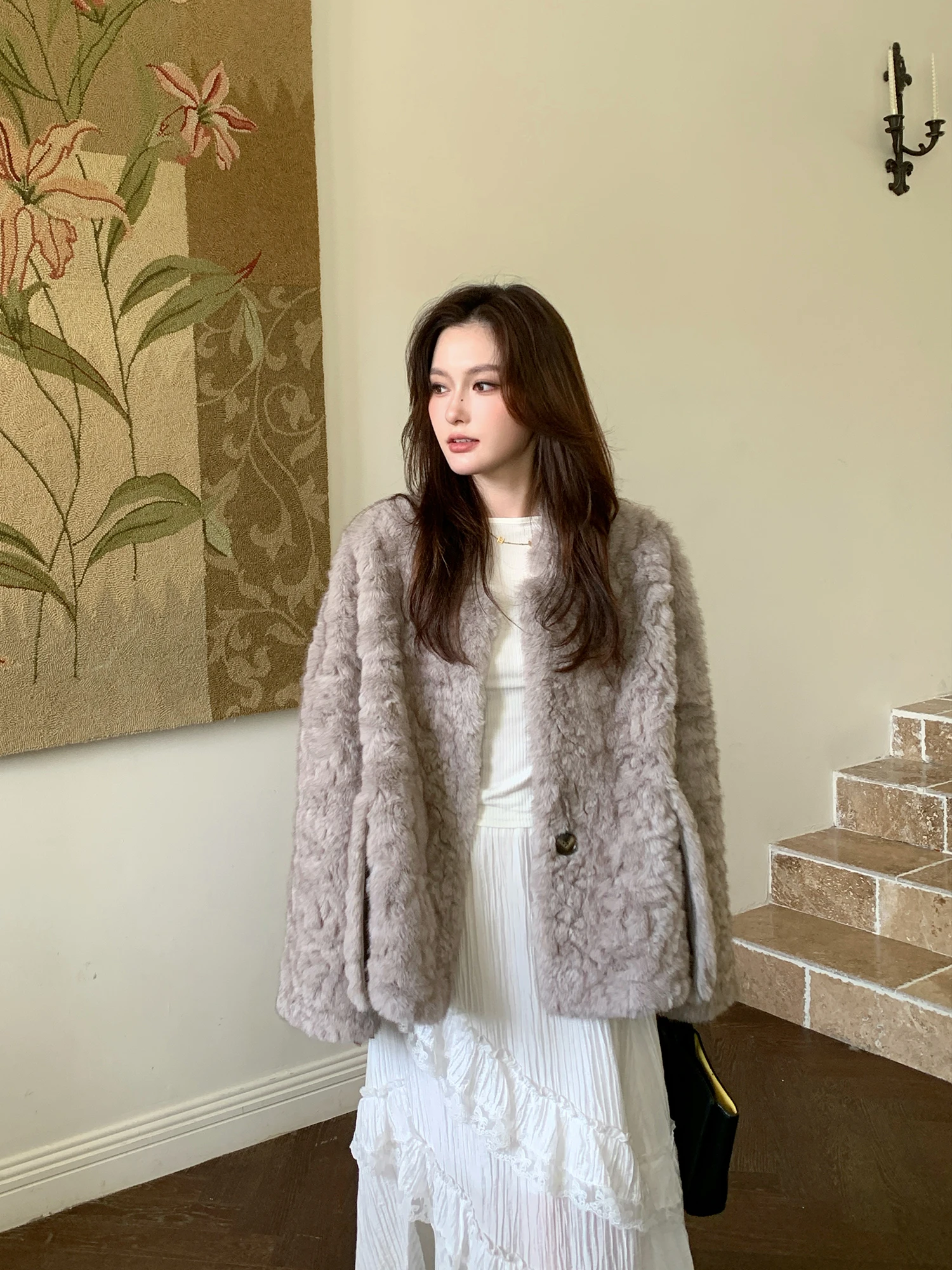 

Ele Stand Collar Fur Coat Women's Winter Outerwear Soft Plu Inteated Leatherette Environmentally Friendly Long Sve