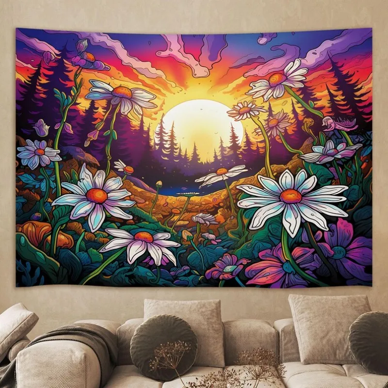 VIKAMA psychedelic sunset flower field tapestry polyester fiber bedroom dormitory wall hanging landscape decoration tapestry
