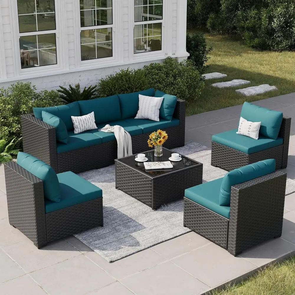 

Patio urniture Set, 7-Piece Outdoor Sectional All-Weather Wicker Patio Contion Set or Backyard, Garden, Peacock Blue