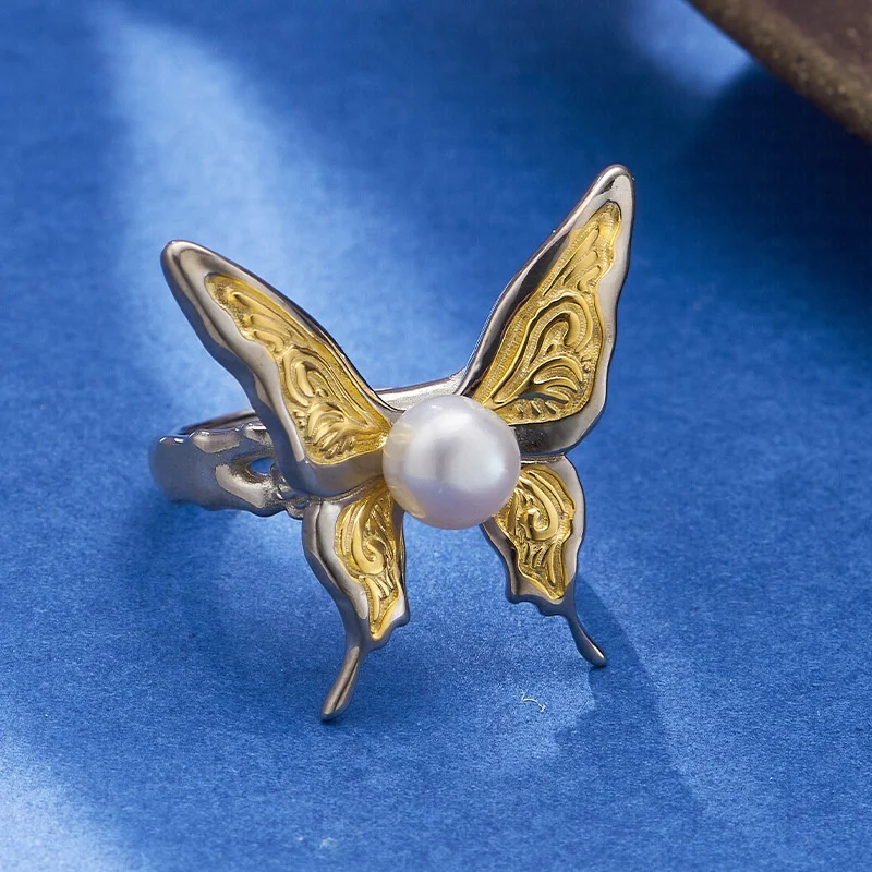 S925 Sterling Silver Charms Rings for Women Contrast Colored Eternal Rattan Butterfly Inlaid Freshwater Pearl Jewelry Wholesale