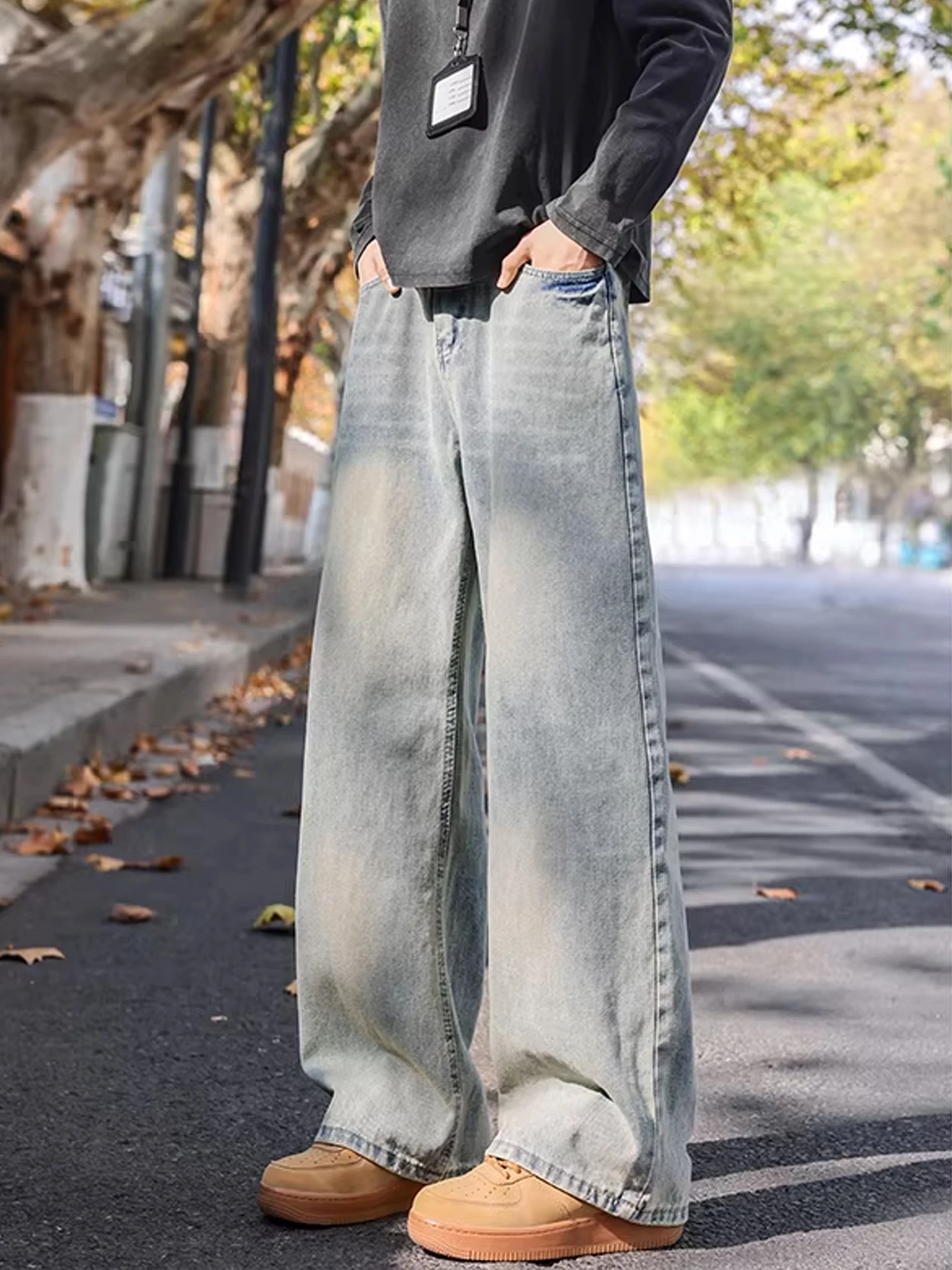 

Blue Washed Casual Loose Men's Jeans Spring Cleanfit Straight Leg Pants American Retro Style Cotton Polyester Blend