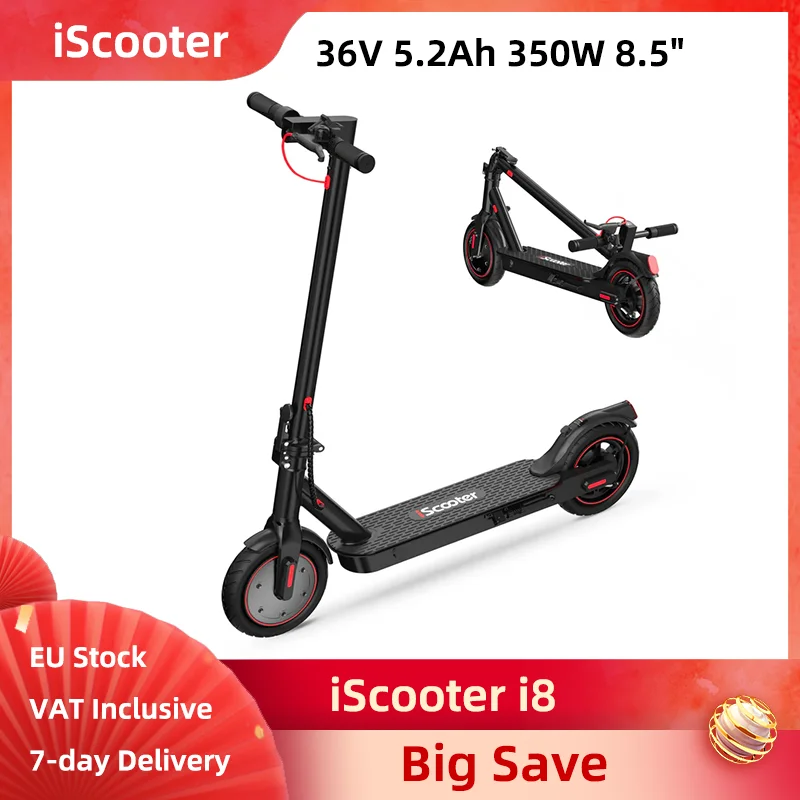 iScooter i8 Electric Scooter 36V 5.2Ah Battery Maximum Power 350 W Motor 8.5 Inch Tires Double Braking Systems Front Wheel Drive