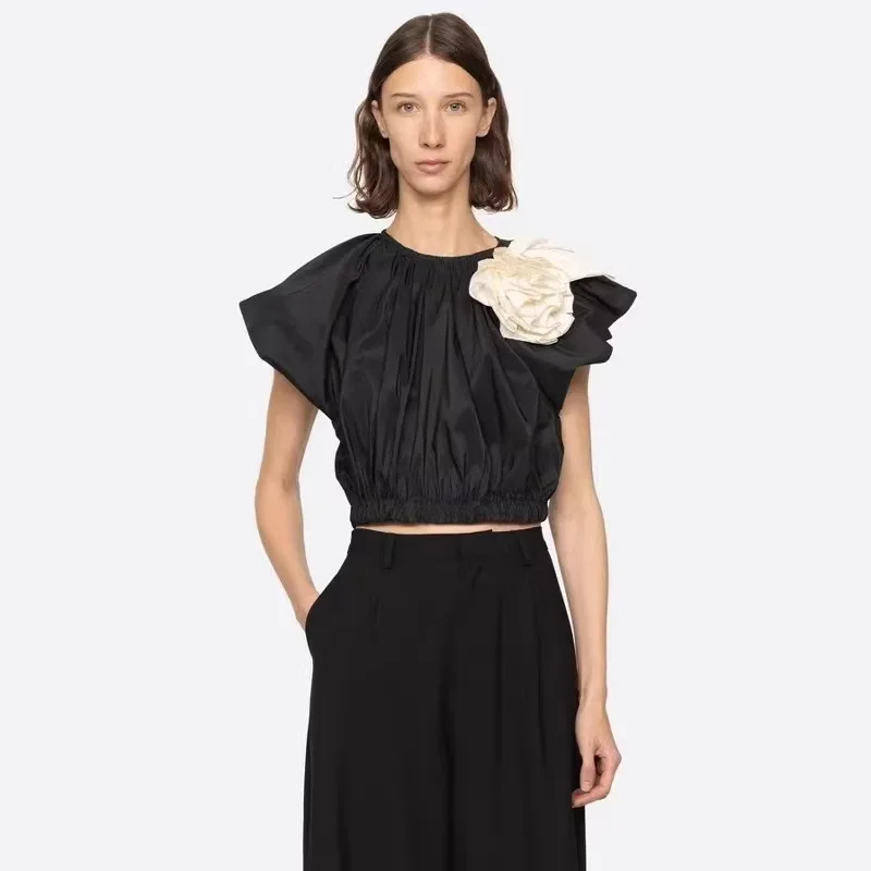 

Sweet Anti-Aging Spring Summer New Sle Women's irt Satin Pleated Floral Decoration 3D Large Flower French Sle Loose Fit