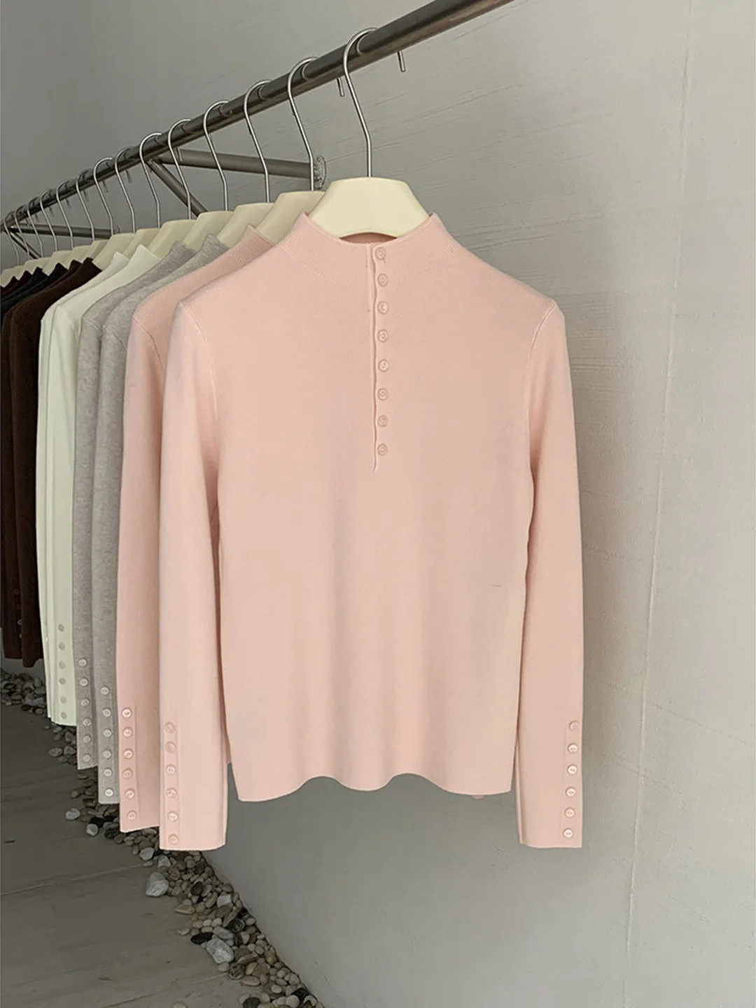 

Korean Style Slim Fit Knitted Sweater Women's Autumn Winter Button up High Neck Warm Fashionable Versatile Half High Collar Top