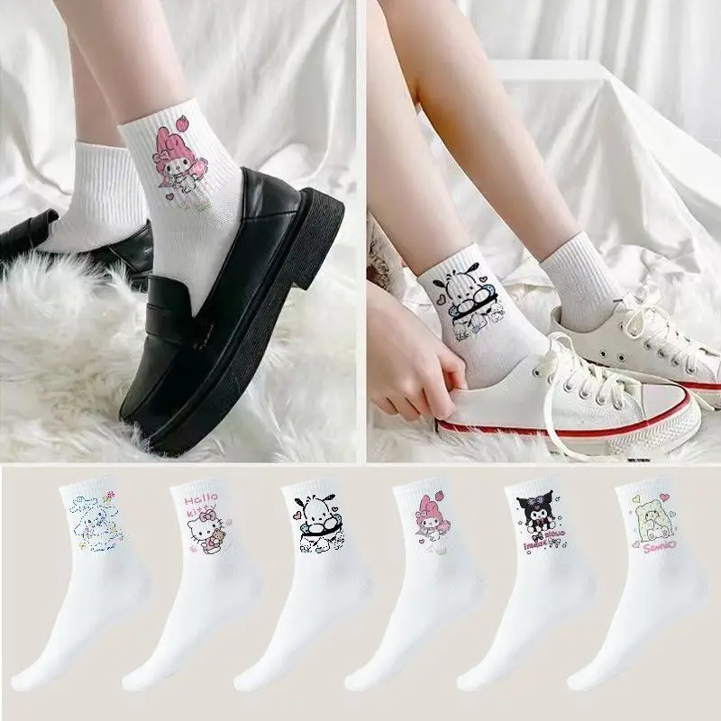 

6pcs Hello Kitty Anime Kawaii Sanrio Soft Ins Fashion Socks Female Cute Cinnamoroll Kuromi Long Sweat Stocking Gifts for Kids