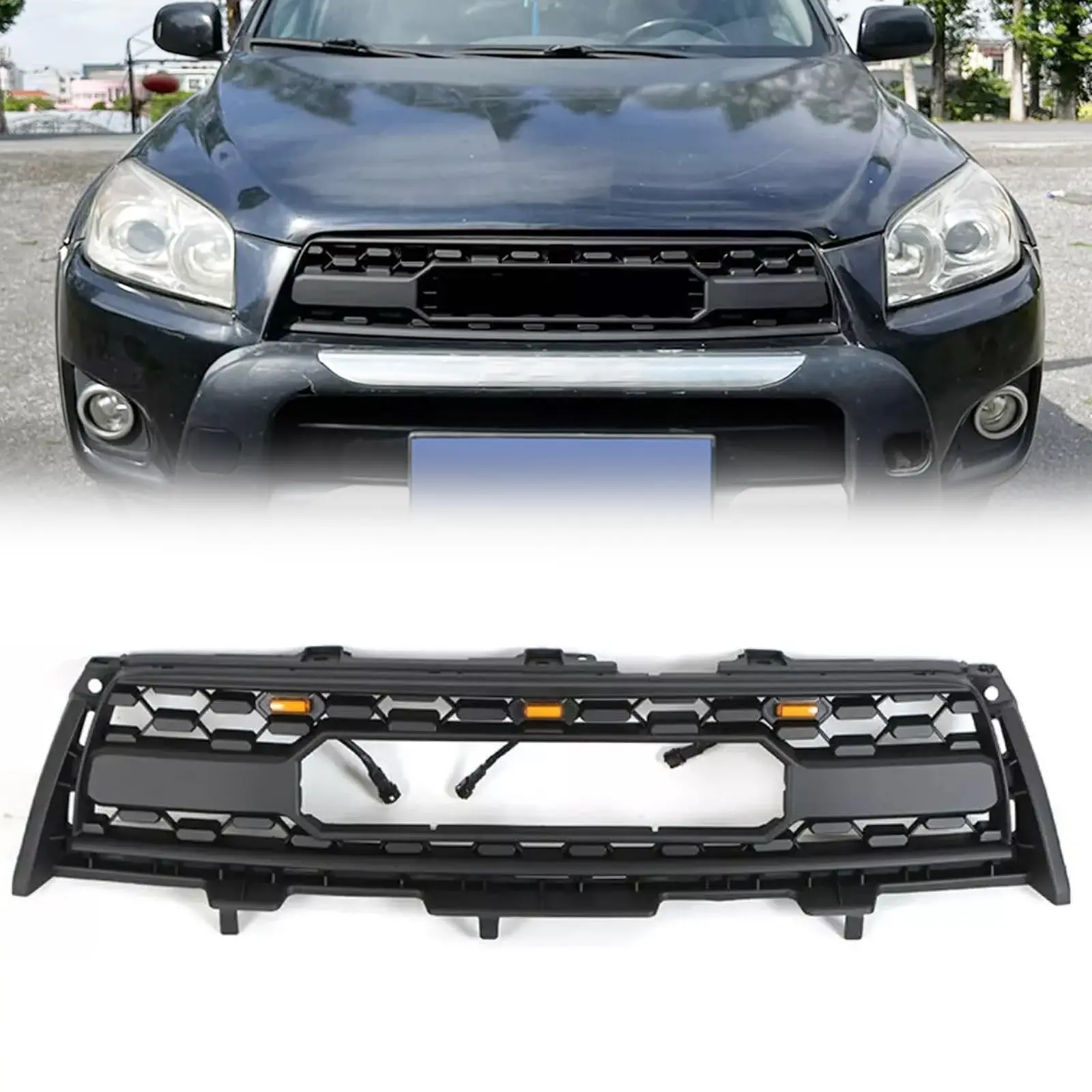 Front Grille for 2009 2010 2011 2012 Toyota RAV4 Replacement Grille TRD Style ABS Front Bumper with LED Lights and Lettering