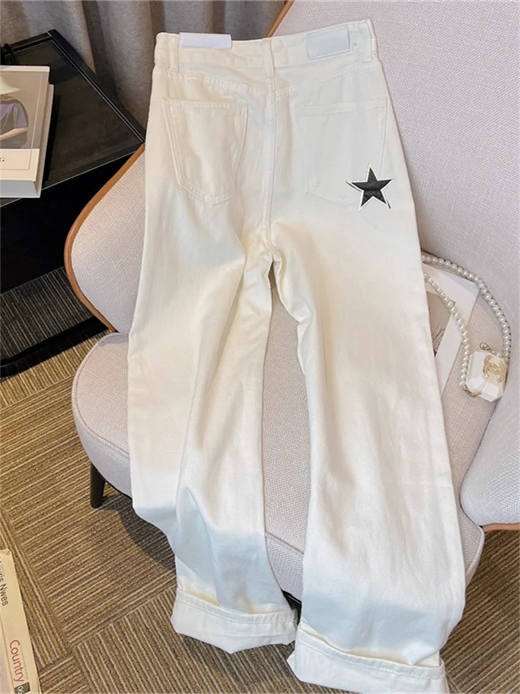 Faionable luxo cintura alta perna reta jeans ex verão high-end solto idade-defng casual calças de perna larga