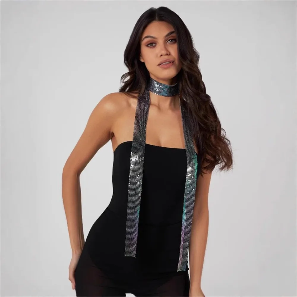 Mode esthétique paillettes écharpe Punk longue mince scintillant Bling foulard Sexy en alliage d'aluminium Cool mince écharpe dames