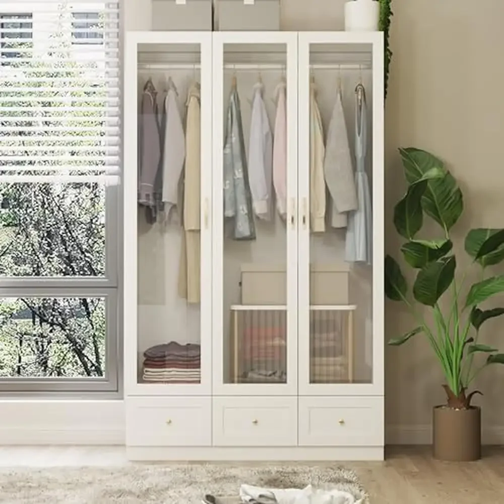 Glass Door Wardrobe Armoire with Hanging Rods & Drawers Bedroom Closet Storage Solution