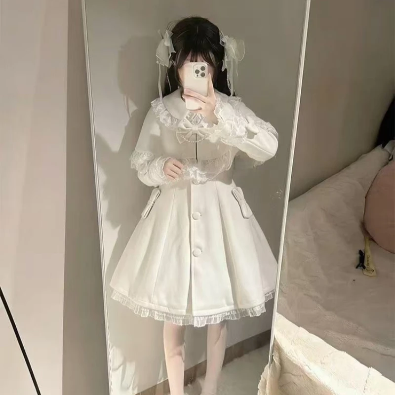 Japanese Sweet Lolita 2 Piece Sets Women Detachable Lace Ruffle Bow Cape A Line Coat Dress Girls Princess Style Winter Warm Suit