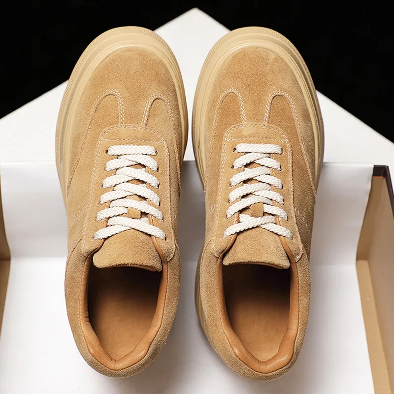 Fashion Women Casual Shoes Cow Suede Leather Platform Chunky Sneakers Lace-Up Thick Sole Trendy Elevator Board Shoes