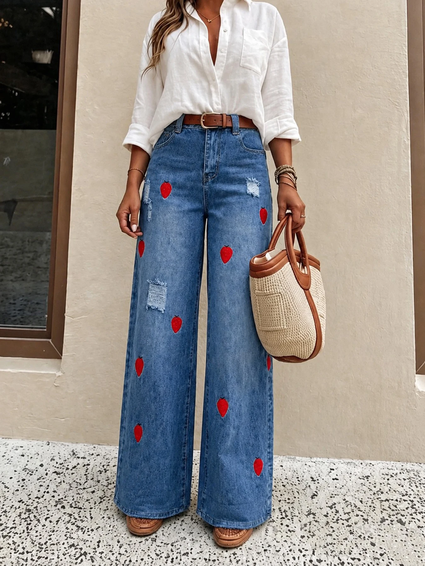 New Women's High-quality Strawberry Embroidered Distressed Loose Wide-leg Jeans, Machine Washable, Fall clothes for women