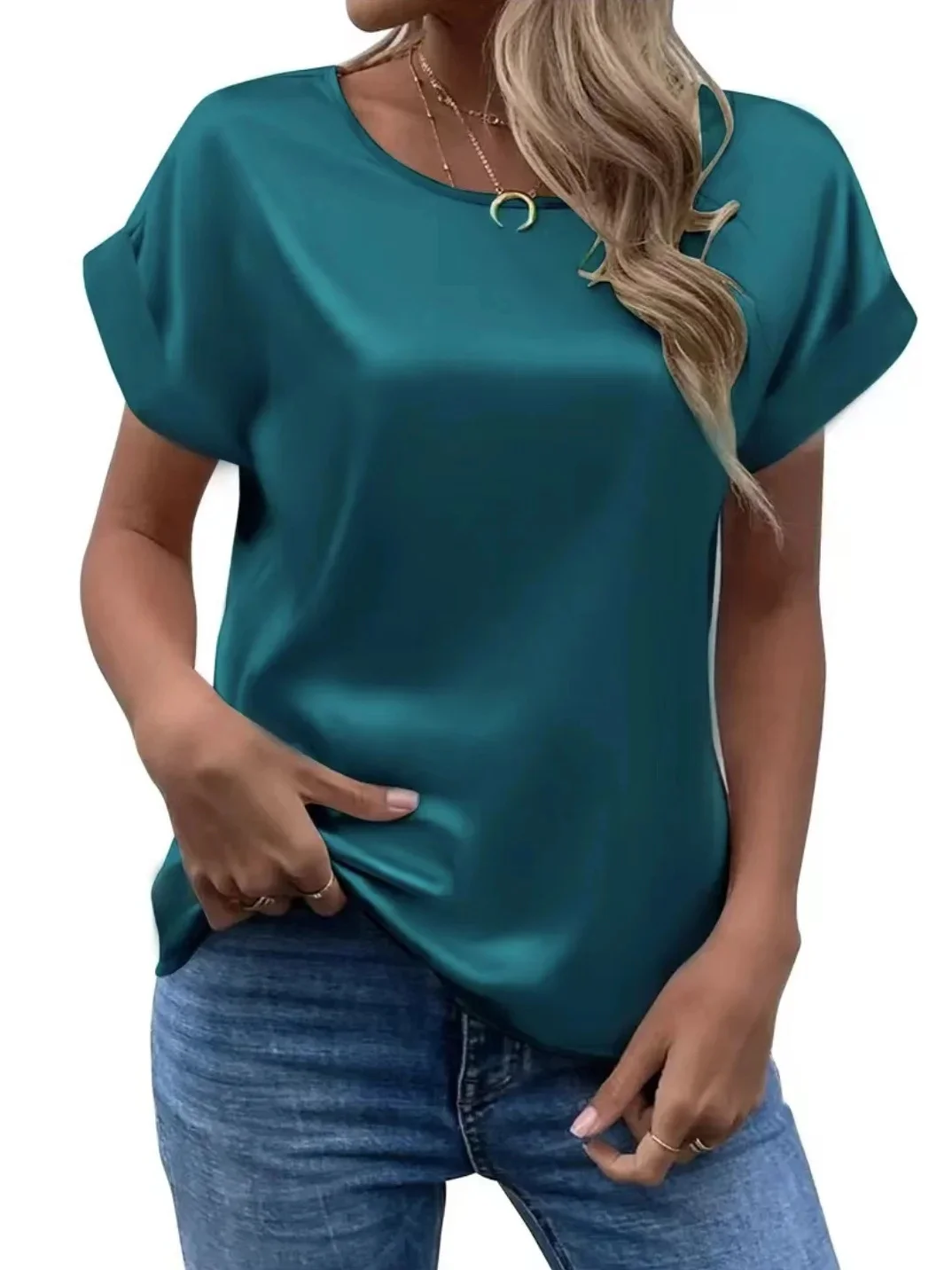 Women Summer Style Satin Blouses Shirts Lady Casual Short Sleeve O-Neck Solid Color Loose Blusas Tops