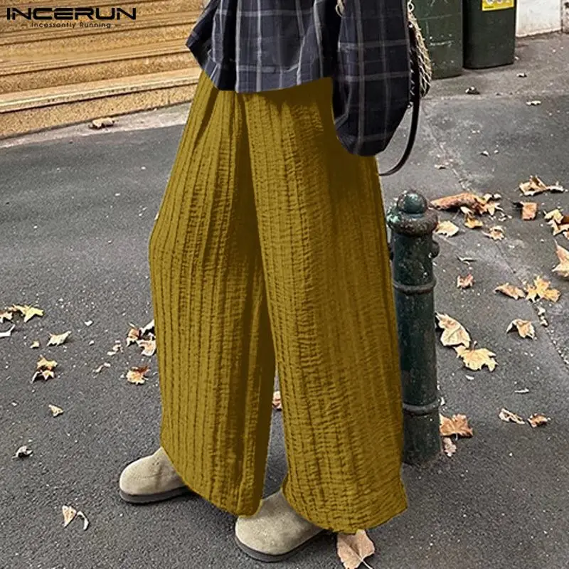 INCERUN 2024 Korean Style Pantalons New Mens Solid Color Texture Trousers Casual Stylish Male Hot Sale Wide Leg Long Pants S-5XL