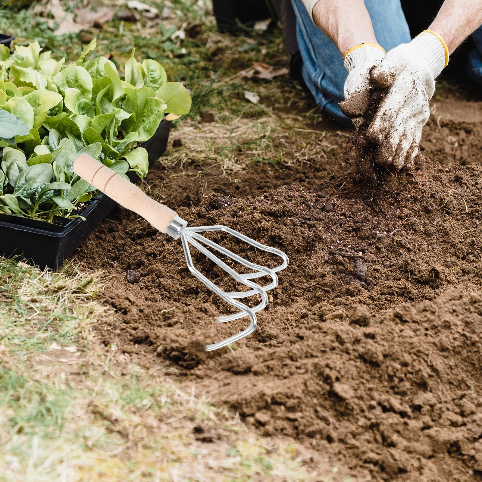 

Four Tooth Steel Rake Wood H Cultivation Tool Durable Agricultural H Tool Loosen Soil Mix Digging Earthnut