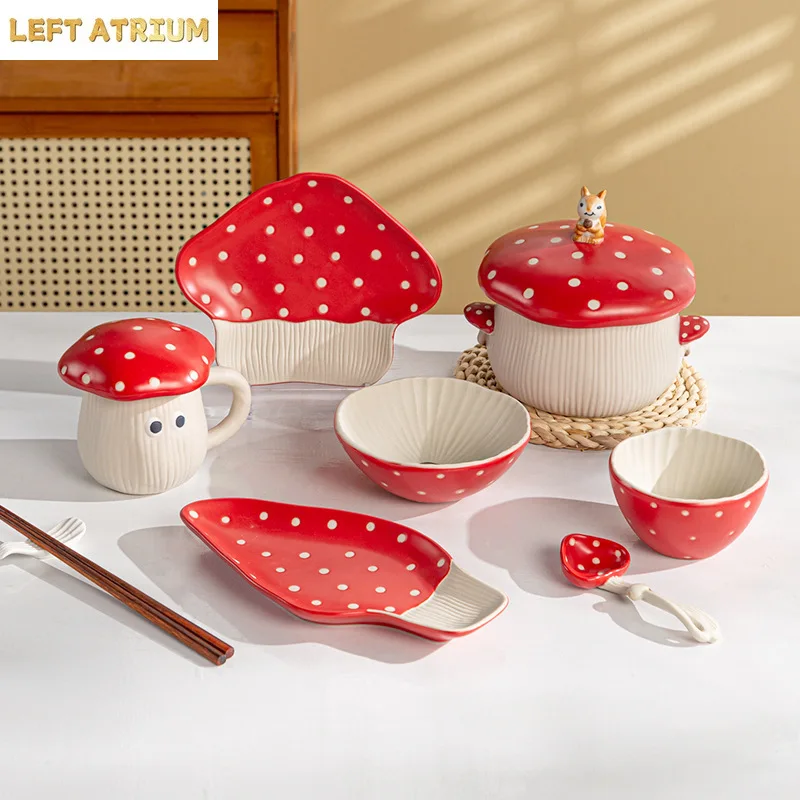 Chic Mushroom Ceramic Tableware Sets Contrast Red Color Dot Rice Bowls Salad Plates Dessert Dishes 1.2L Noodle Bowls Dinnerwares view 2