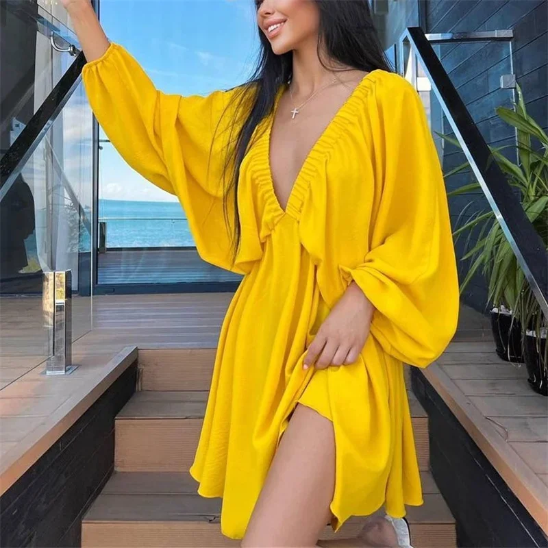 Fashion Front Back Pleated Deep V Neck Backless Dresses Women New Solid Color Bubble Sleeve Big Hem Dressy Female Commuter Gown