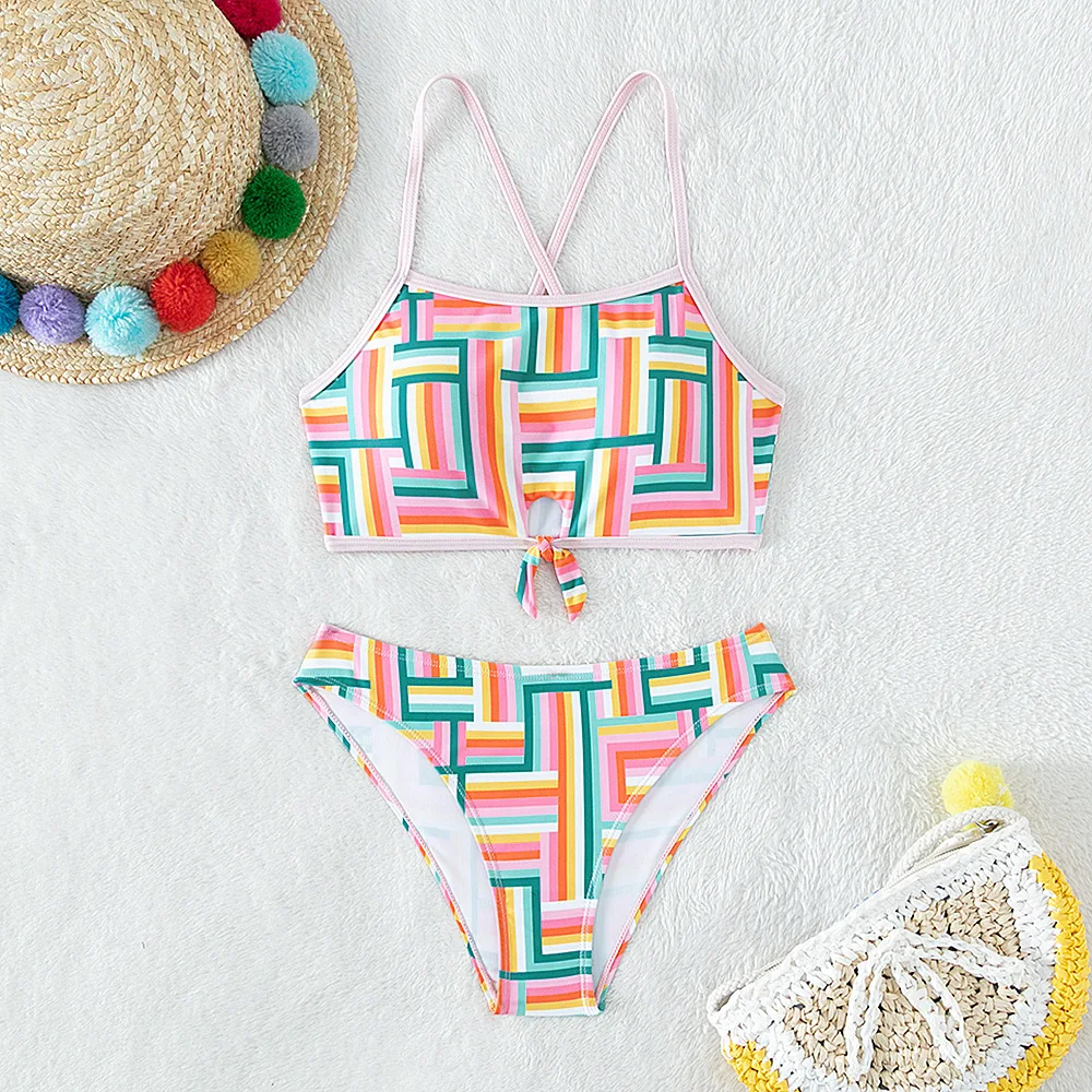 

New Girls Split Fashion Printed Swimsuit Children's Suspenders Geometric Patern Medium And Large children's Swimwear