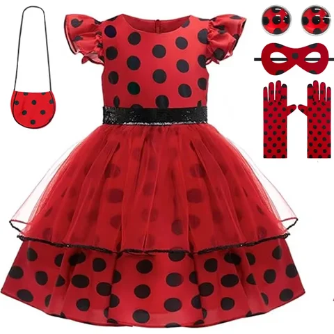 Red Ladybird Girls Costume Polka Dot Princess Dress And Earing Eyemask Bag Glove Outfits Carnival Costumes For Children Birthday