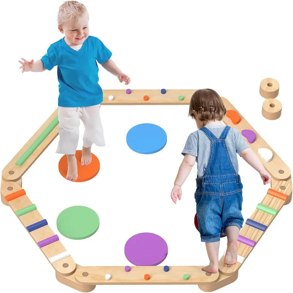 

Wooden Balance Beam with Stepping Stones for Kids, Gymnastics and Motor Skills Training, Suitable for Ages 3-8, Ideal for Indoor