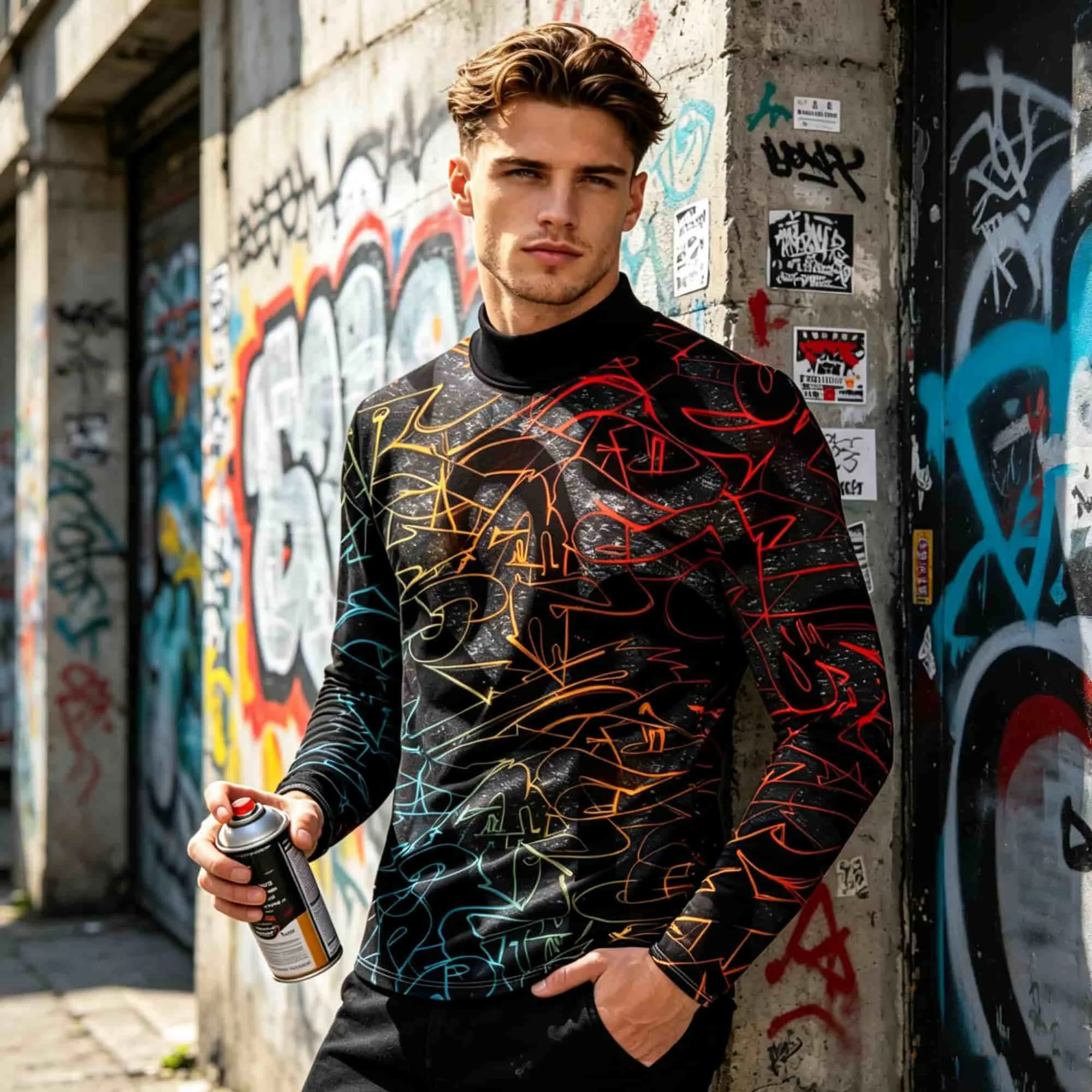 Men Hip Hop Streetwear Mock Neck Long Sleeve Pullover Vivid Multicolor Graffiti Line All Over Print Casual Tee