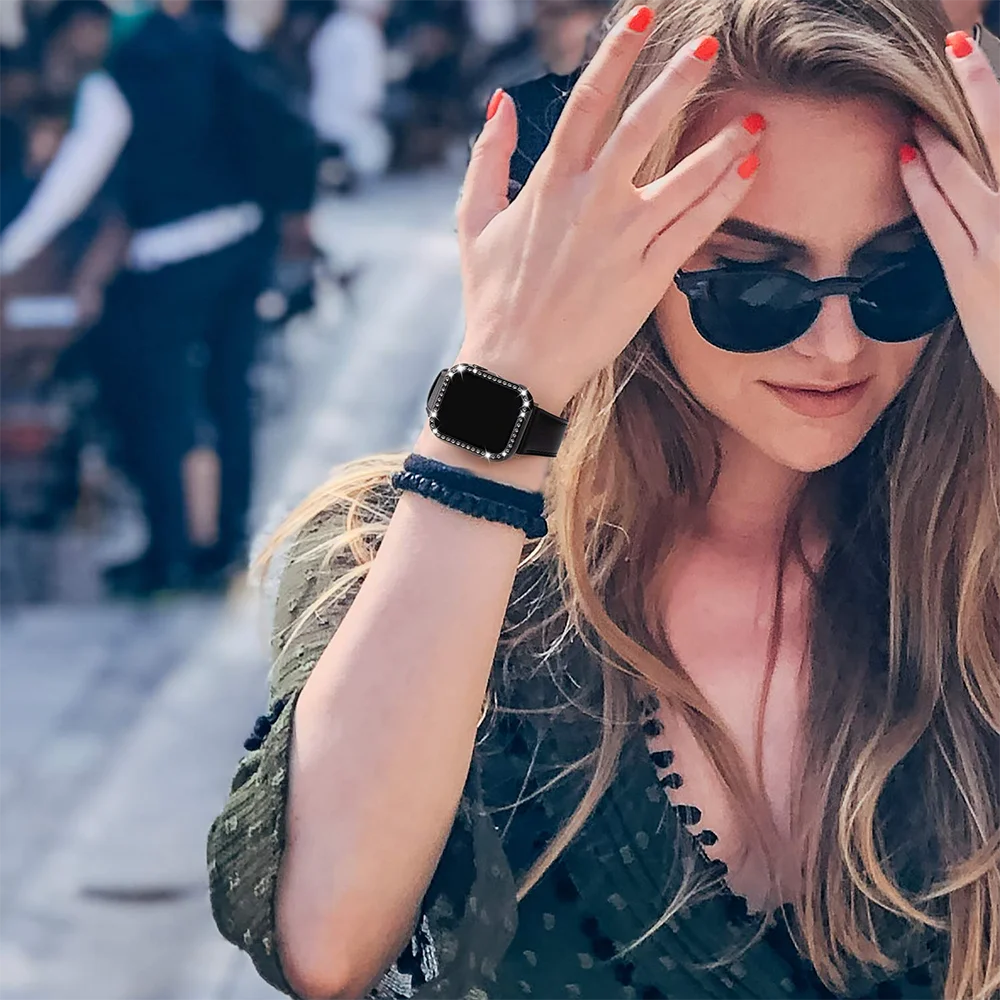 غطاء من الزجاج المقسى والماس لساعة أبل ، شاشة بلينغ ، ممتص الصدمات لسلسلة iWatch 9 ، 5 ، 6 ، 7 ، 8 ، SE ، 4 ، 40 ، 44 ، 41 ، 45 أو