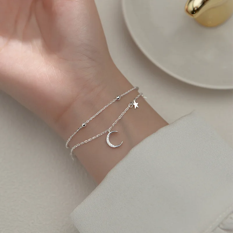 

New 925 Sterling Silver Star Moon Double Layer Bracelet Simple Charm Woman Geometric Shape Bracelet Party Gift Exquisite Jewelry