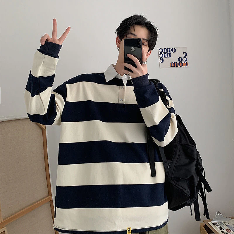 Yellow White Striped Vintage Polo Thin Casual 2022 Hoodie Long Sleeve Summer Spring Men Oversized Harajuku Korean Fashion Tops