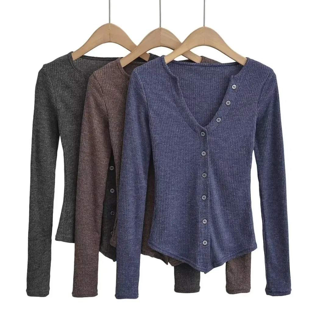 

Spring Women's V-neck Single-Breasted Long Sleeve Knitted Cardigan Solid Color Slim Fit Top for Interior Wear