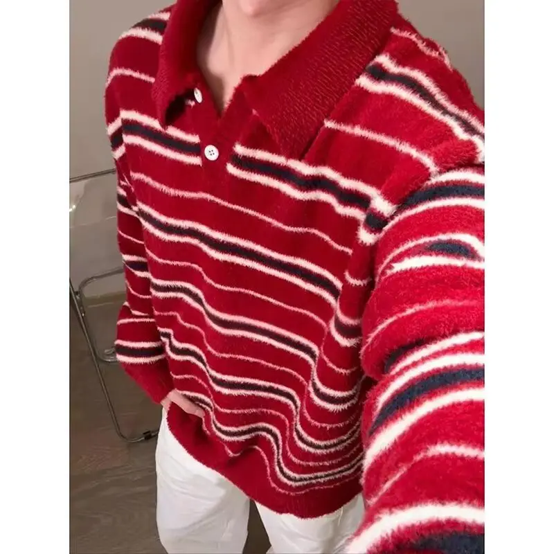 

2026 Autumn Winter American Retro Casual V-ne Knitted Sweater Men Striped Open Cardigan Trendy Lazy Sle Regular Fit Polye...