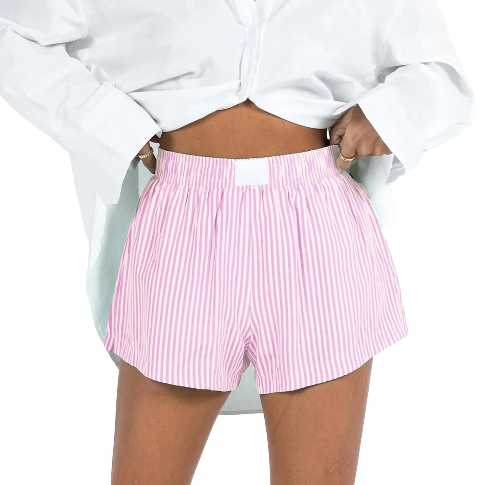 Women’s Casual Boxer Shorts Elastic High Waist Stripes Print Wide Leg Shorts Fashion Trousers