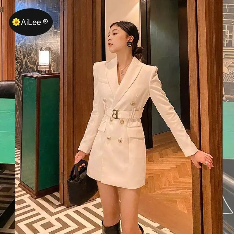 S-5XL Fashion Women Long Blazer con cintura Chic Popular Quality Femmale Bodycon Coat Double Breasted High Street Trench Dress