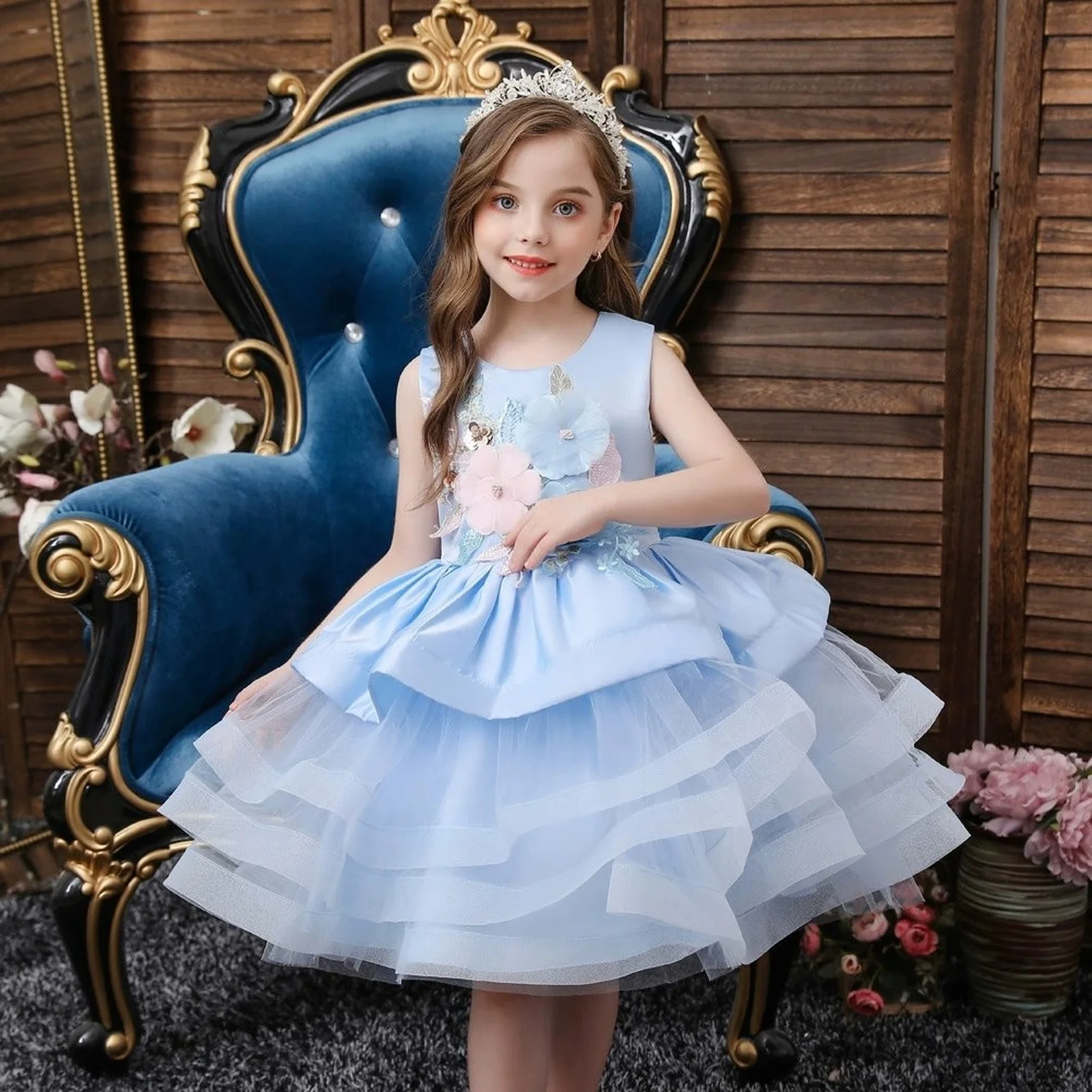 

​Sleeveless Knee Length Dress Floral Embroidery Layered Puffy Cake Skirt Birthday Party Dress For Girls 1-7years Old