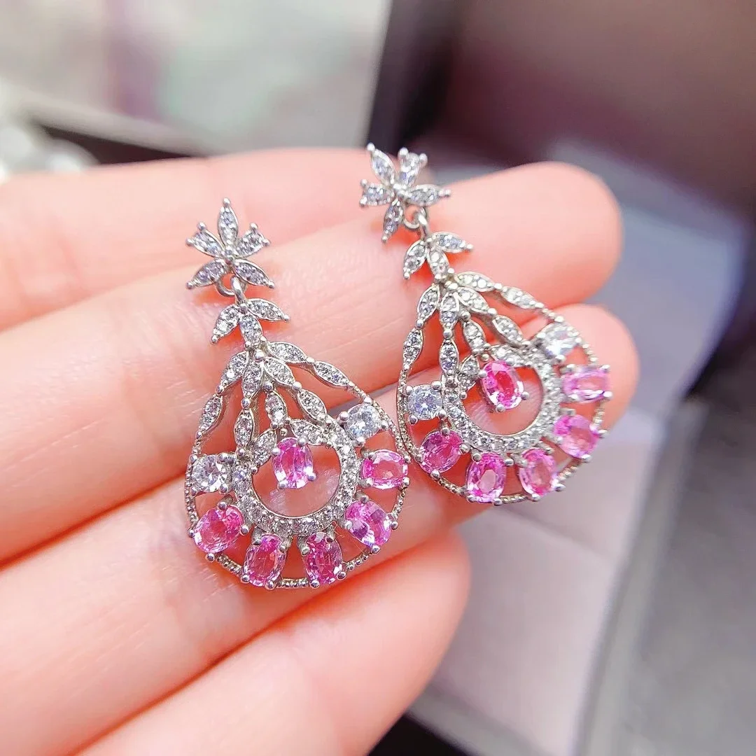 Luxury Pink Sapphire Drop Earrings for Wedding 3mm*4mm 1.5ct Genuine Sapphire 925 Silver Earrings 18K Gold Plated Bridal Jewelry