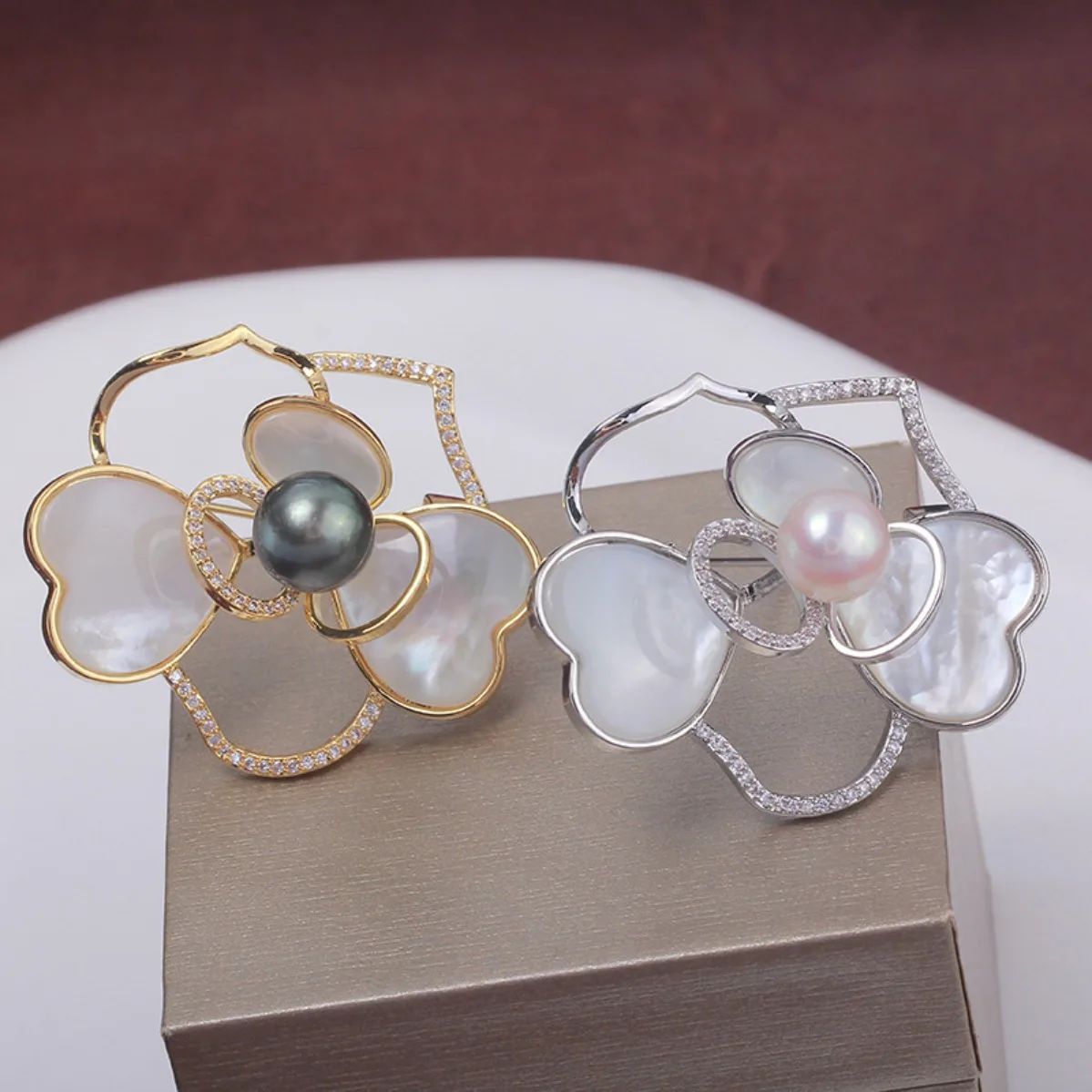 Brass Heavy Gold Plated Camellia Flower Brooch Setting Micro Pave Zircon Blank Pin DIY Accessory for Pearl Brooch Corsage Making