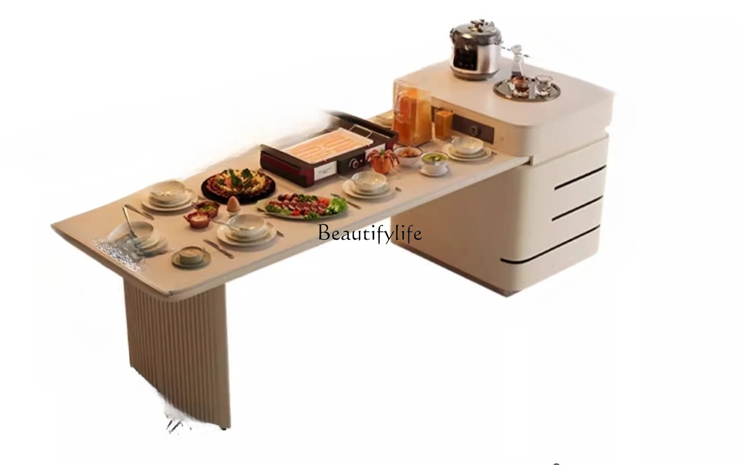 

05-*Cream wind rock slab island table integrated retractable household modern simple light luxury middle island plus sink