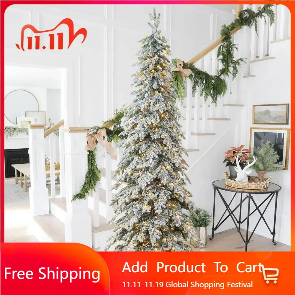 

9ft Artificial Christmas Tree ,Pre-Lit Flocked Pencil Sprucewith 470 Warm White Lights and Sturdy Metal Stand, Christmas Trees