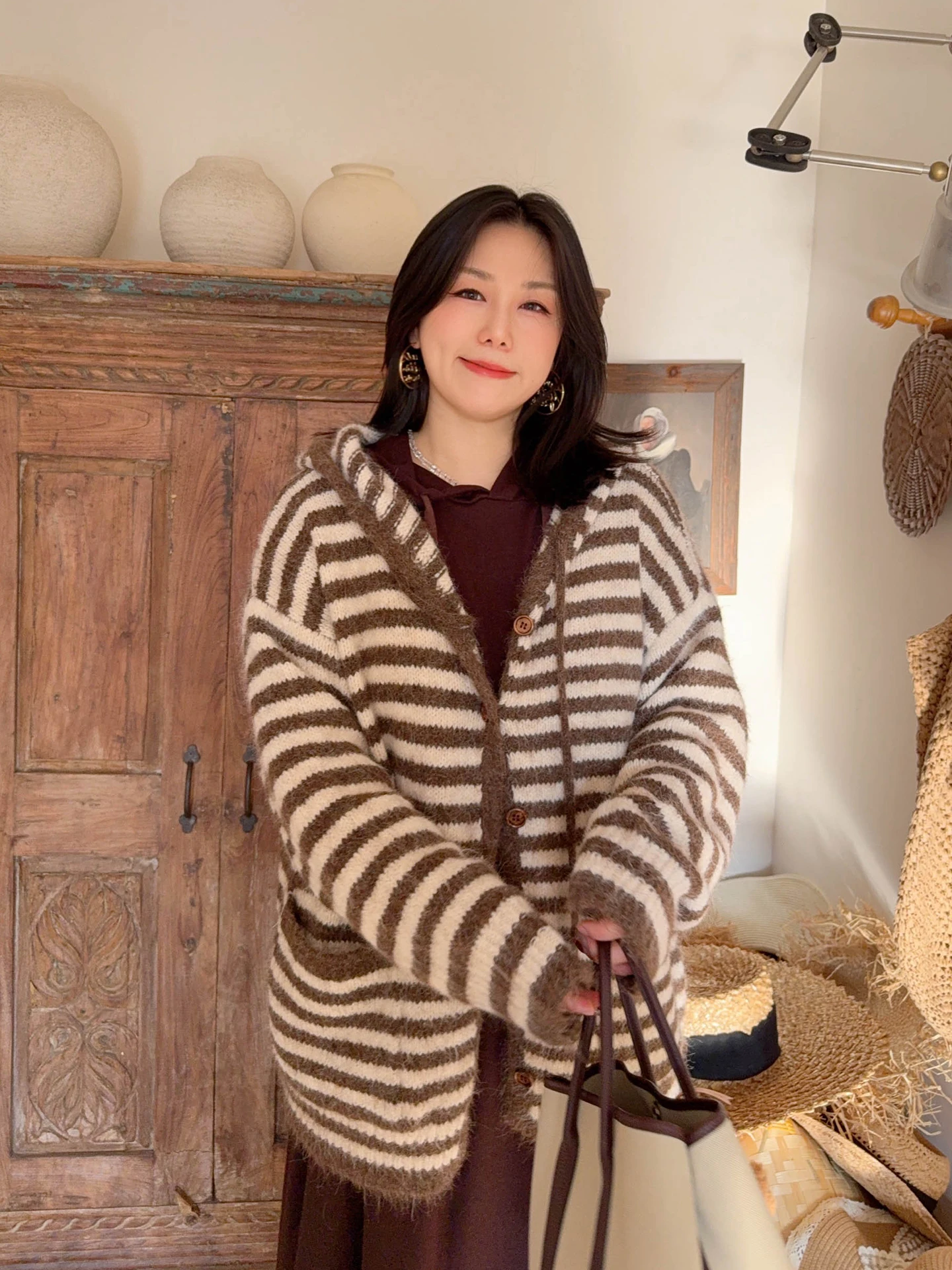 

VOGANA Женский шерстяной кардиган большого размера, свободного кроя, в корейском стиле, с капюшоном, сохраняющий тепло