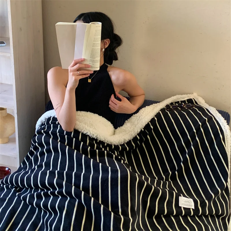 Stripe Double-Layered Warm Throw Blanket - Soft, Reversible, Machine Washable, All-Season Cozy Fleece for Couch & Bed,