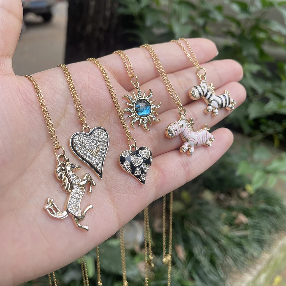 New Cute Luxury Black White Zebra Necklace Gold Steel Chain Horse Sun Heart Pendant Necklace For Women Girl Gift