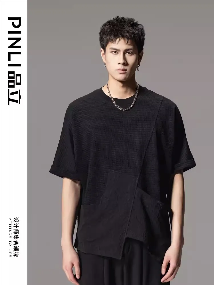 

Male Fashion 2024 Summer Men's Wear New Spliced Short sleeved T-shirt Men's Solid Color Loose Black Casual T-shirt B242111001