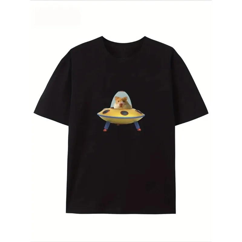 Cool _Hamster in Flying Saucer_ UFO Print T-Shirt Casual Streetwear Cotton Tee for Hamster Fans