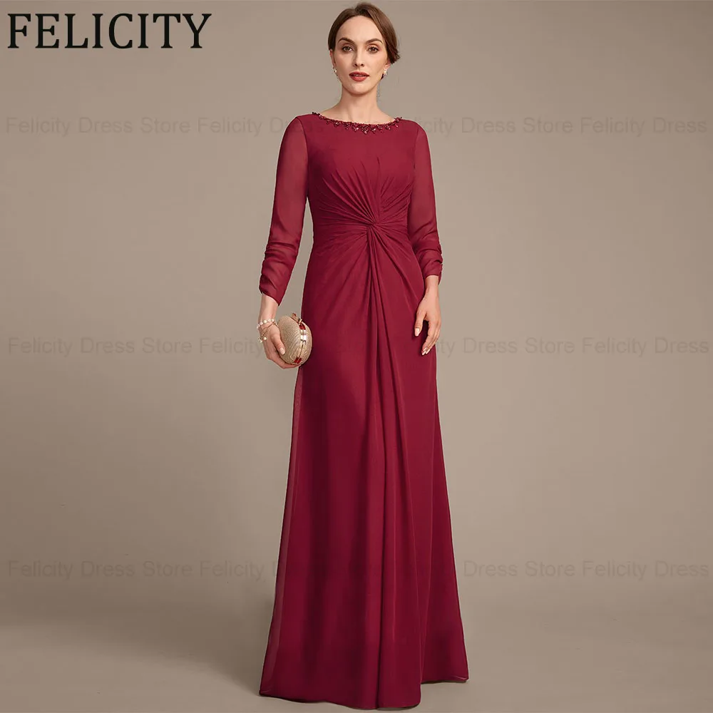 FELICITY Chiffon Elegant Mother of the Bride/Groom Dresses 2024 Sheath Scoop Wedding Guest Dresses With Pleated Beading Sequins